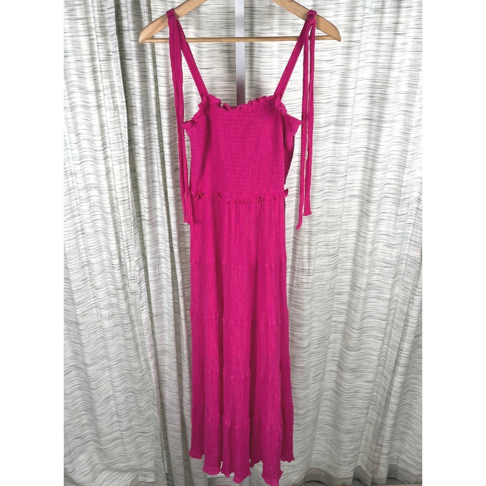 Mew‎ M Fuchsia Pink Smocked Tiered Maxi Dress Bohemian Tie Shoulder Medium